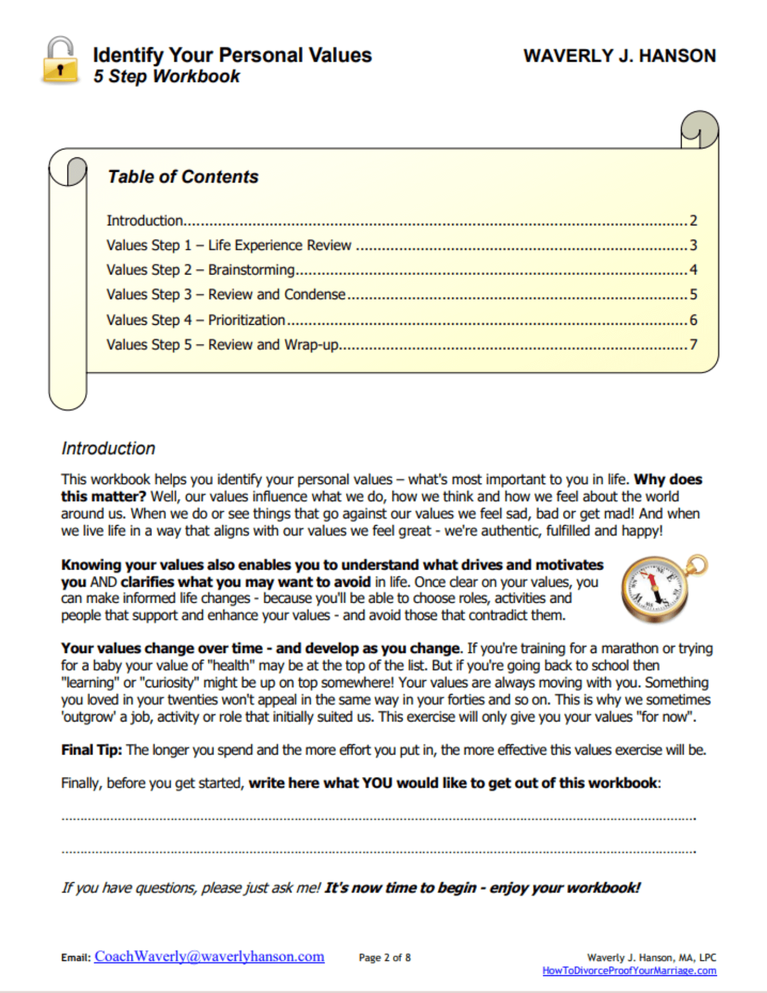 sample page identify your personal values workbook